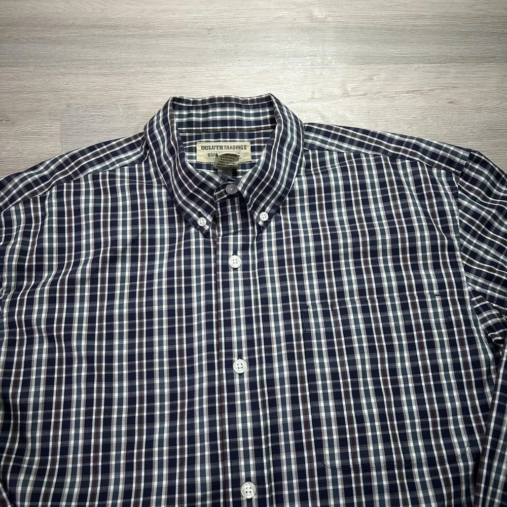 Duluth Trading Wrinklefighter Shirt Mens Large Blue Plaid Button Down Cotton